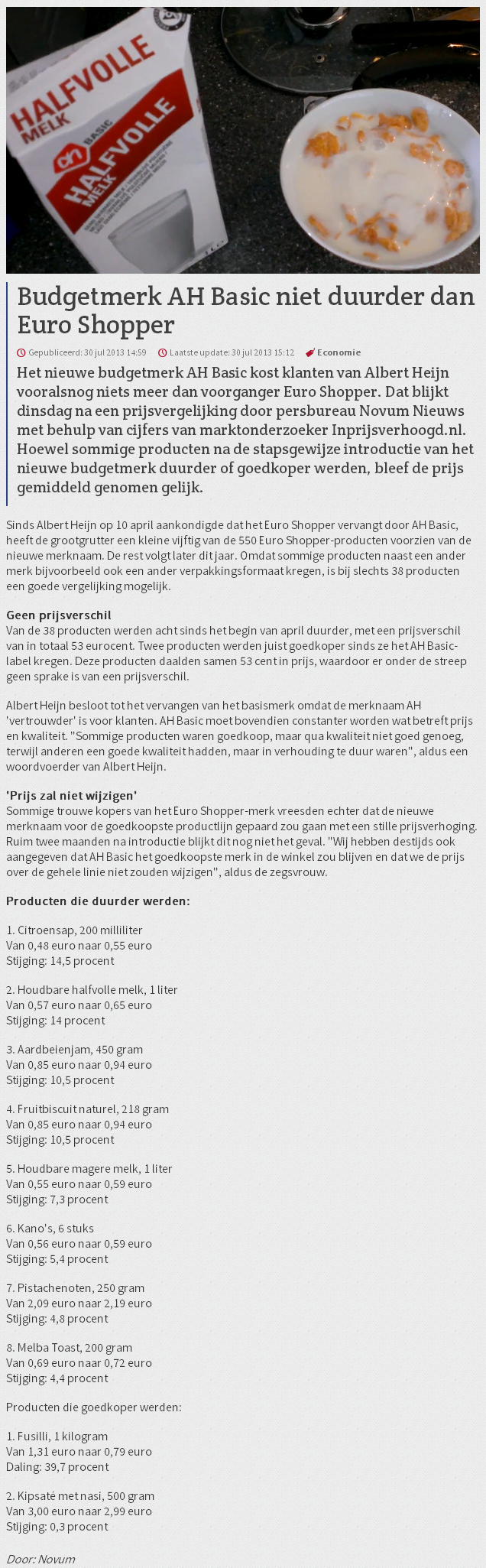Nieuws.nl: Budgetmerk AH Basic niet duurder dan Euro Shopper
